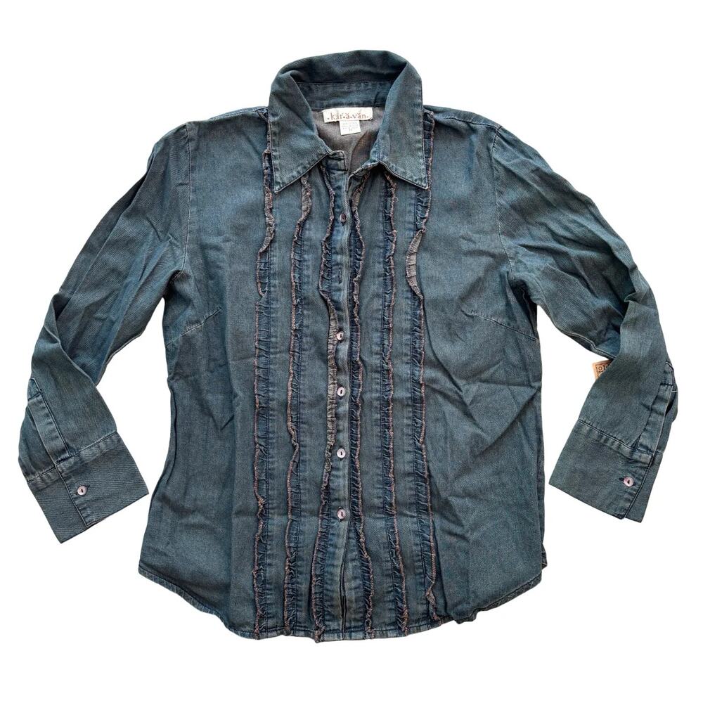 NWT KARAVAN Button Front Ruffled Denim Western Shirt in Dark Wash  SZ M